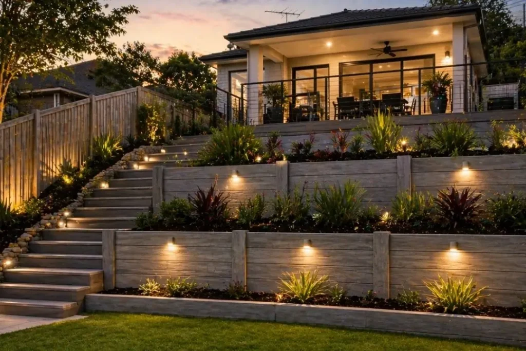 multi-level backyard with retaining wall
